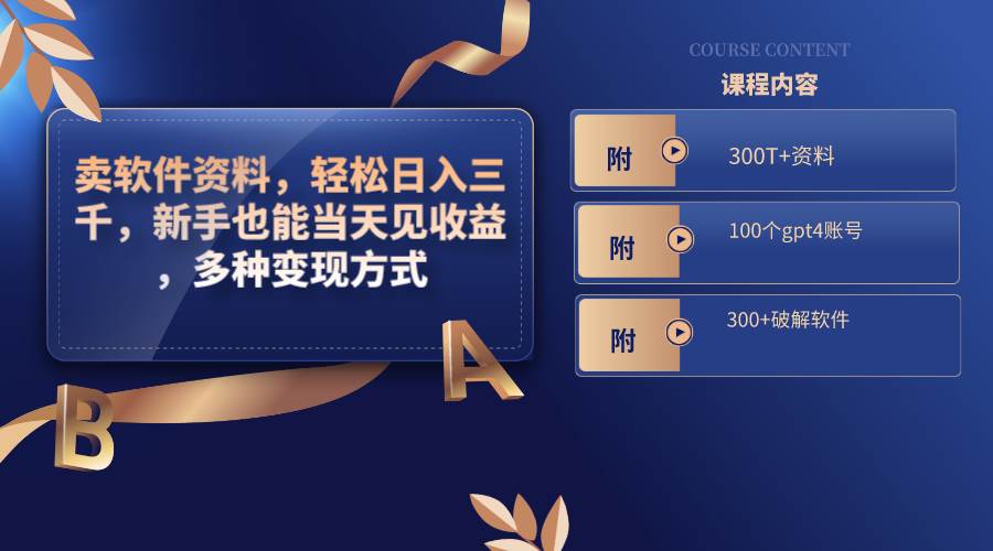 卖软件资料，轻松日入三千，新手也能当天见收益，多种变现方式，（附300T+资料，100个gpt4账号，300+破解软件）-三玖社区