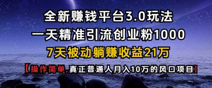 全新赚钱平台3.0玩法一天精准引流创业粉1000.7天被动躺Z收益21W【仅揭秘】-三玖社区